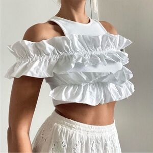 ZARA White Ruffle Crop Top Off-Shoulder Sleeves White Cropped Tank Top